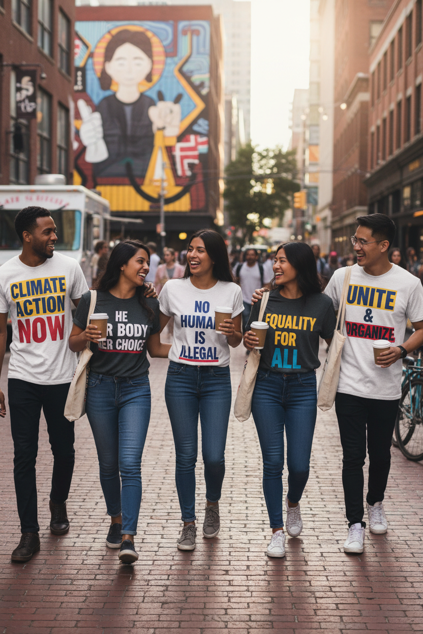 Group of diverse friends wearing bold political statement graphic tees on a city street