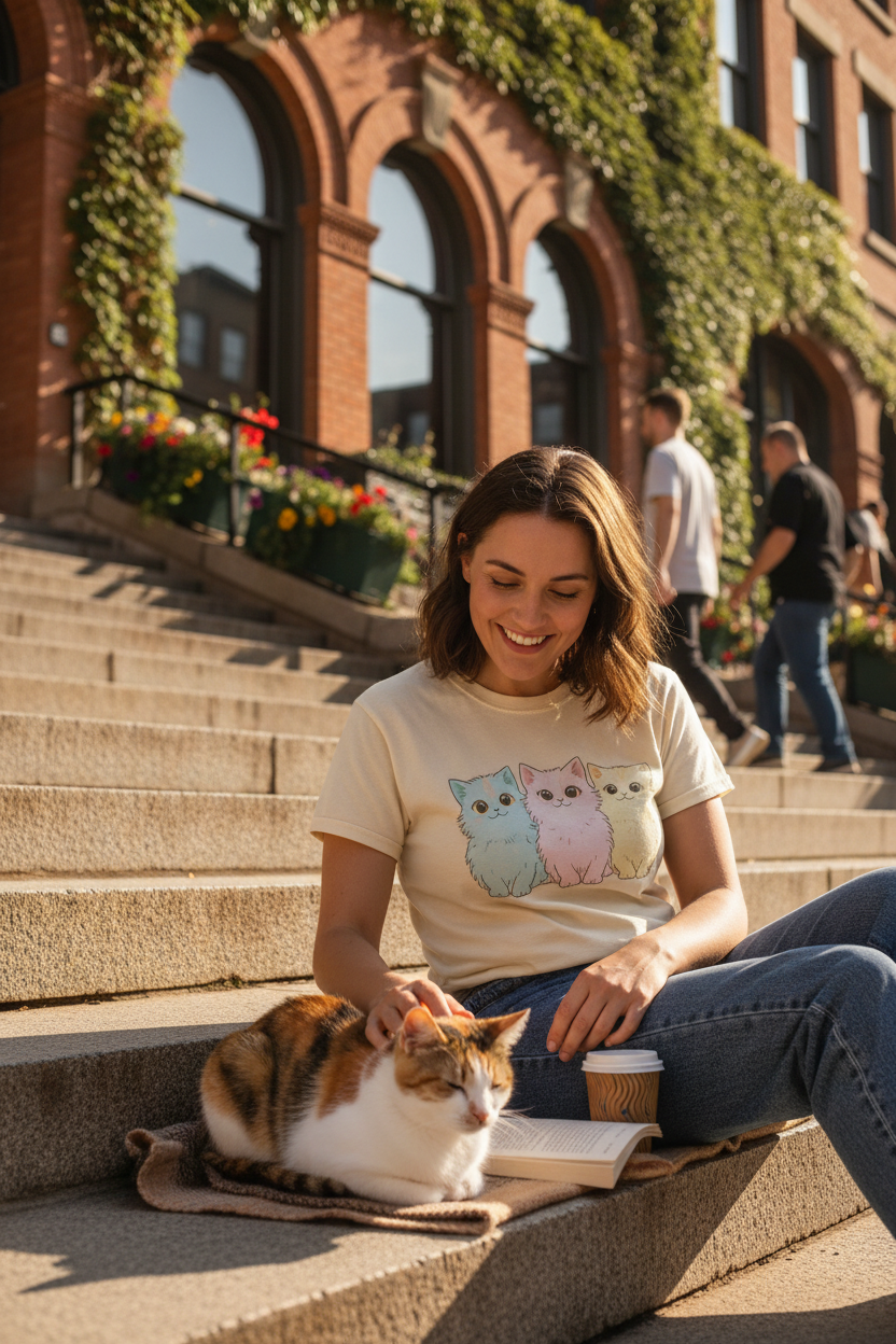 Cheerful person wearing a kittens graphic tee relaxing on city steps with a cat nearby