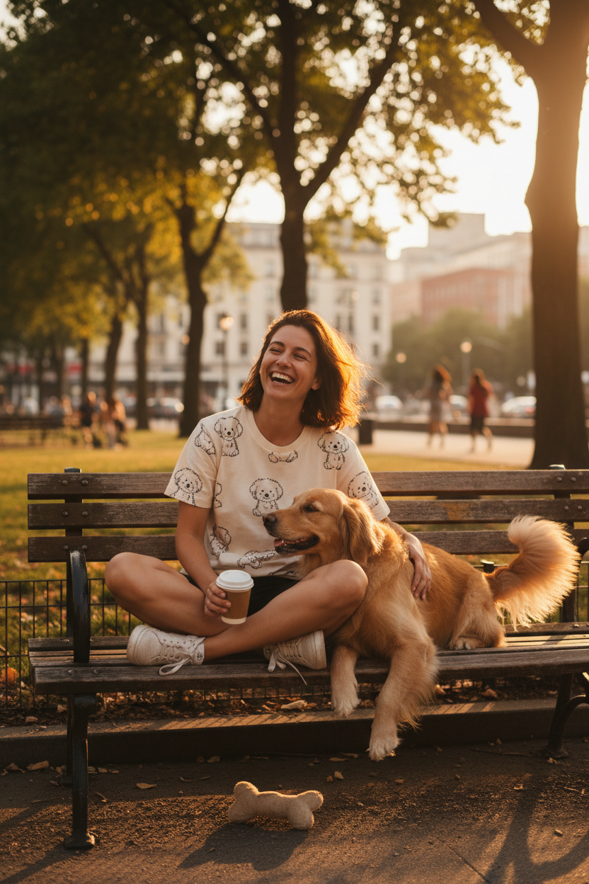 Happy person wearing a puppies graphic tee sitting in an urban park with their dog